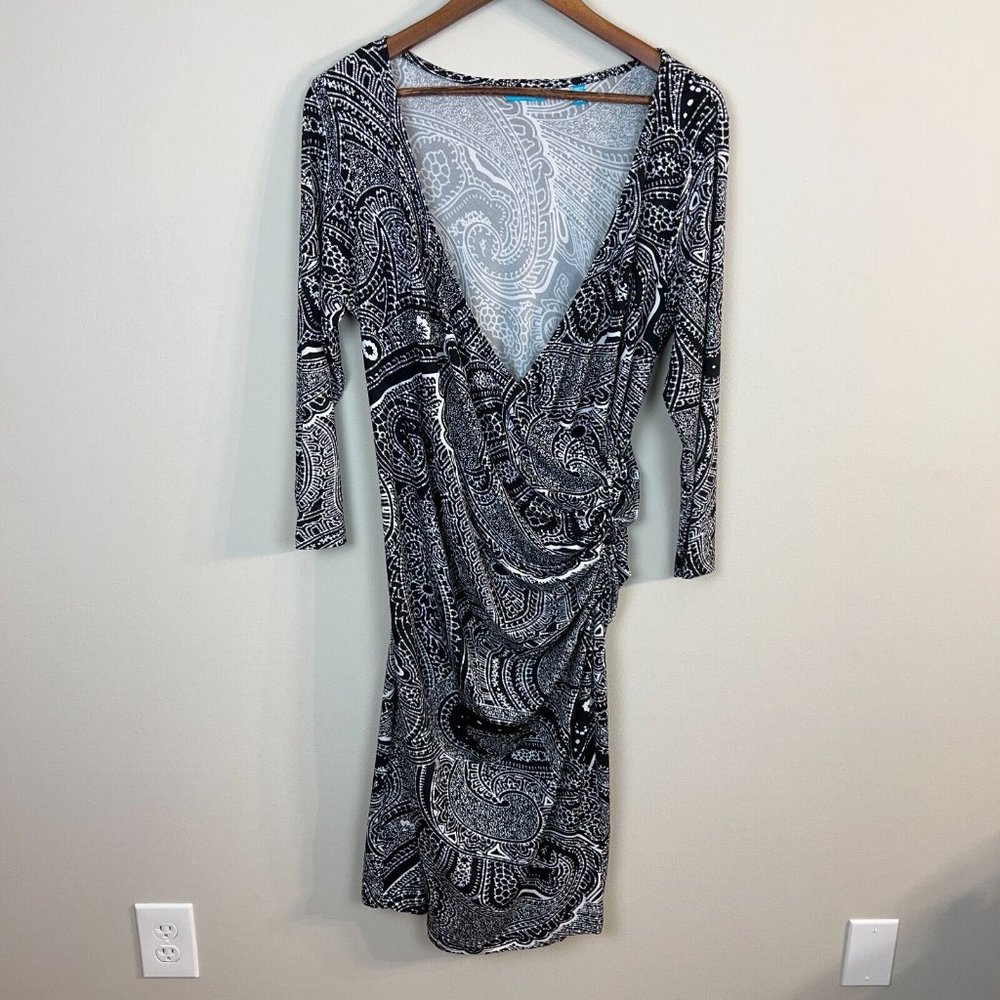 Tori Richard Faux Wrap Dress XL Black White Paisley V-Neck Gathered Waist